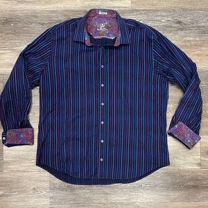 Bugatchi Navy and Red Striped Button Down Shirt